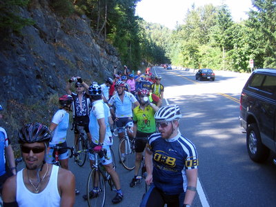 Pausing atop the Malahat to let everyone catch up.